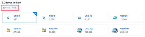 選擇對應面值的Diamonds 或Golds 選擇對應面值的Diamonds 或Golds