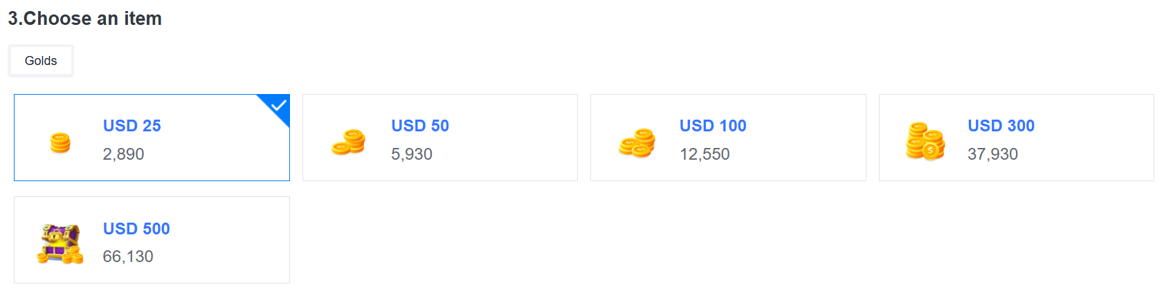 选择在94LIVES平台上购买的 Yalla Gift Card 对应面值的 Golds